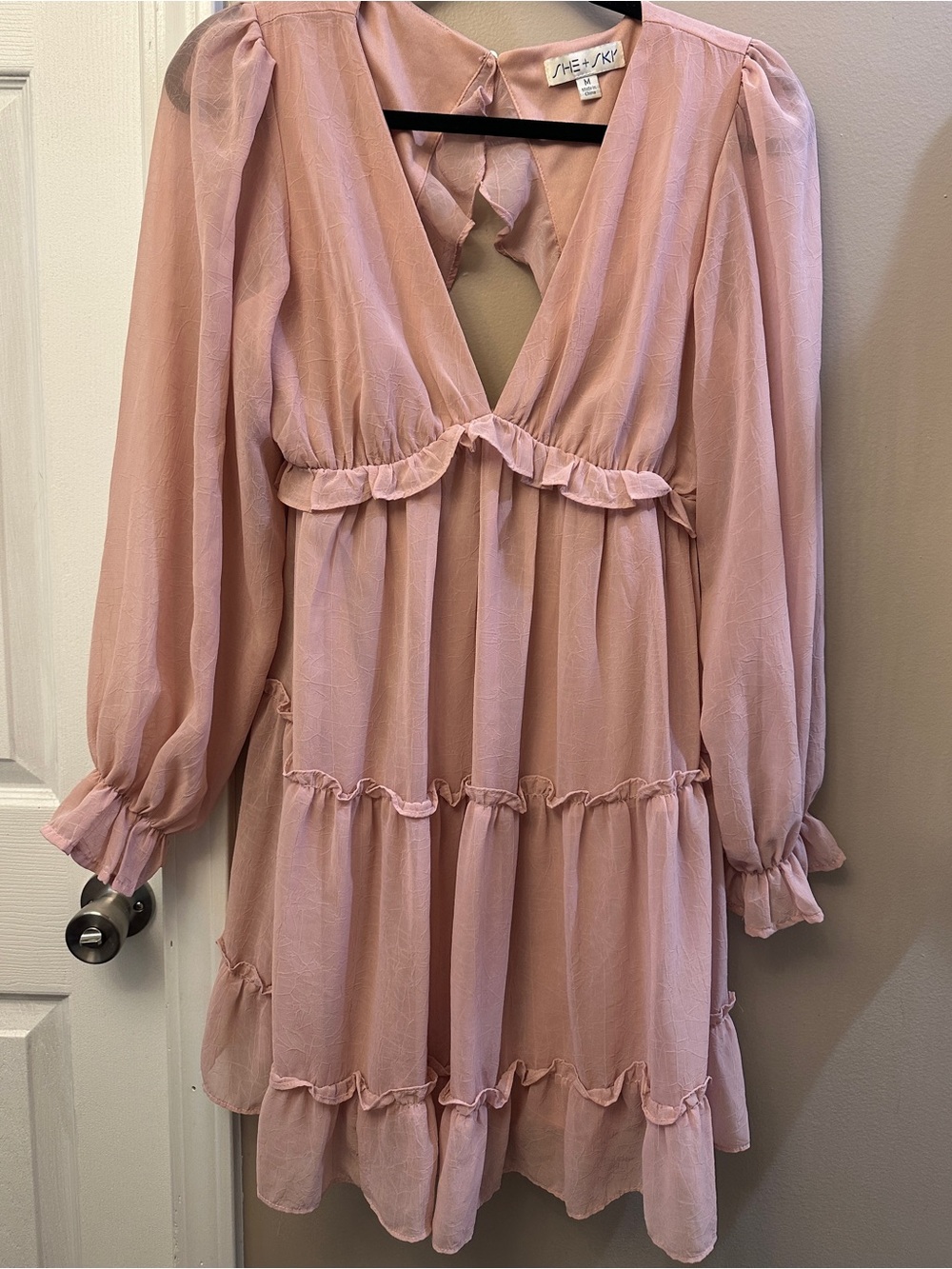 She + Sky - Open Back Crinkled Chiffon Long Sleeve Tiered Dress